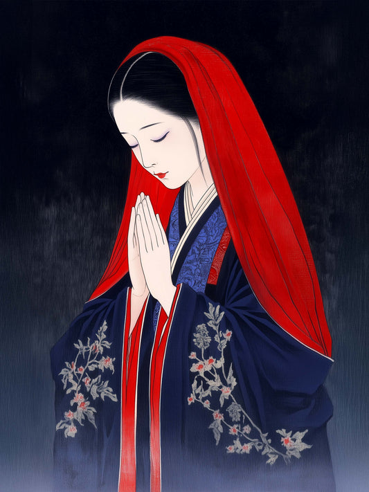 Illustration d'une femme japonaise en tenue traditionnelle avec un voile rouge, mains jointes, expression sereine. Les détails des fleurs sur sa tenue et le fond sombre accentuent sa présence paisible.