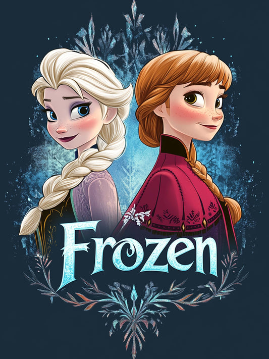 Illustration d’Elsa et Anna de Frozen, dos à dos, avec des flocons stylisés en arrière-plan. Le design met en avant leurs tenues et expressions, créant une atmosphère hivernale magique.
