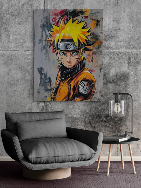 Un coin salon moderne avec un fauteuil gris confortable, une petite table d'appoint en bois et une lampe au design industriel. Un grand tableau coloré représentant Naruto, un personnage d'anime, est accroché au mur de béton derrière le fauteuil.