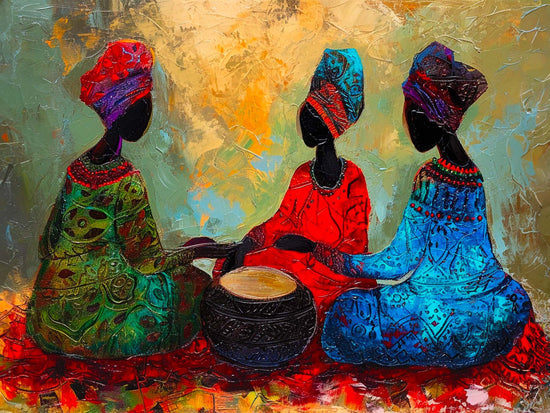 toile, 3 femmes africaines, style peinture, coloré, rouge bleu et vert