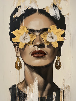 Portrait artistique d’une femme inspirée de Frida Kahlo, avec des fleurs dorées en guise de lunettes. L’œuvre est peinte dans un style moderne avec des touches dorées qui ajoutent une texture luxueuse. Son expression forte et les boucles d’oreilles imposantes renforcent l’intensité du tableau.