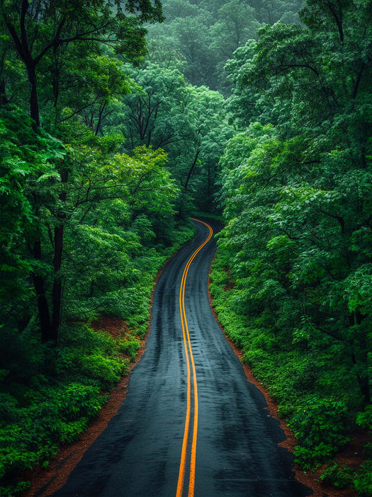 Route sinueuse en forêt, tableau nature verdoyant, serénité et évasion