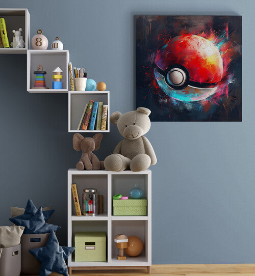 Déco chambre, Pokemon, étagères, jouets, mur bleu, livres.