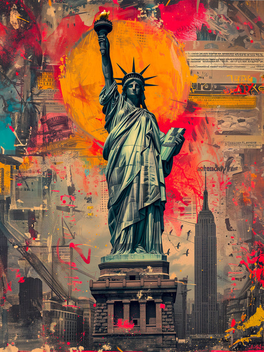 toile statue de la liberté, tâches de peintures, style street art, arrière plan ville de New York.