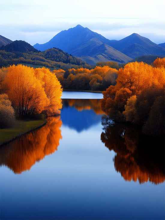 Photographie  d'un paysage d’automne. Les arbres aux teintes orangées se reflètent dans une rivière calme, avec des montagnes bleutées à l'arrière-plan. L’image évoque une atmosphère paisible et naturelle.