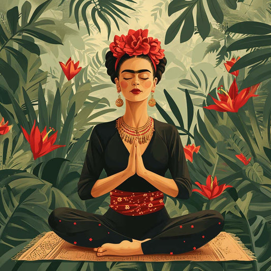 Toile artistique Frida Kahlo, détail floral tropical, énergie zen de méditation, style intérieur vibrant