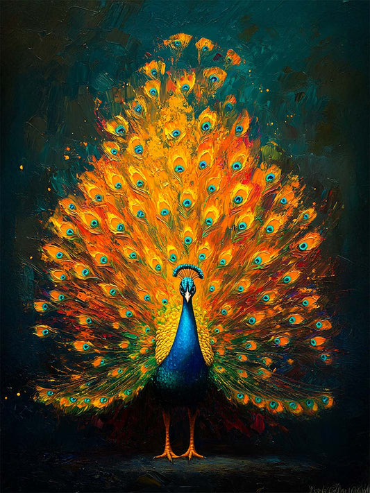 Un tableau d'art illustrant un paon majestueux avec sa queue déployée dans un éclat vibrant de teintes orange et bleues. Les détails du plumage semblent peints à l'huile, offrant un effet texturé et artistique. Cette toile ajoute une touche de luxe à tout intérieur.