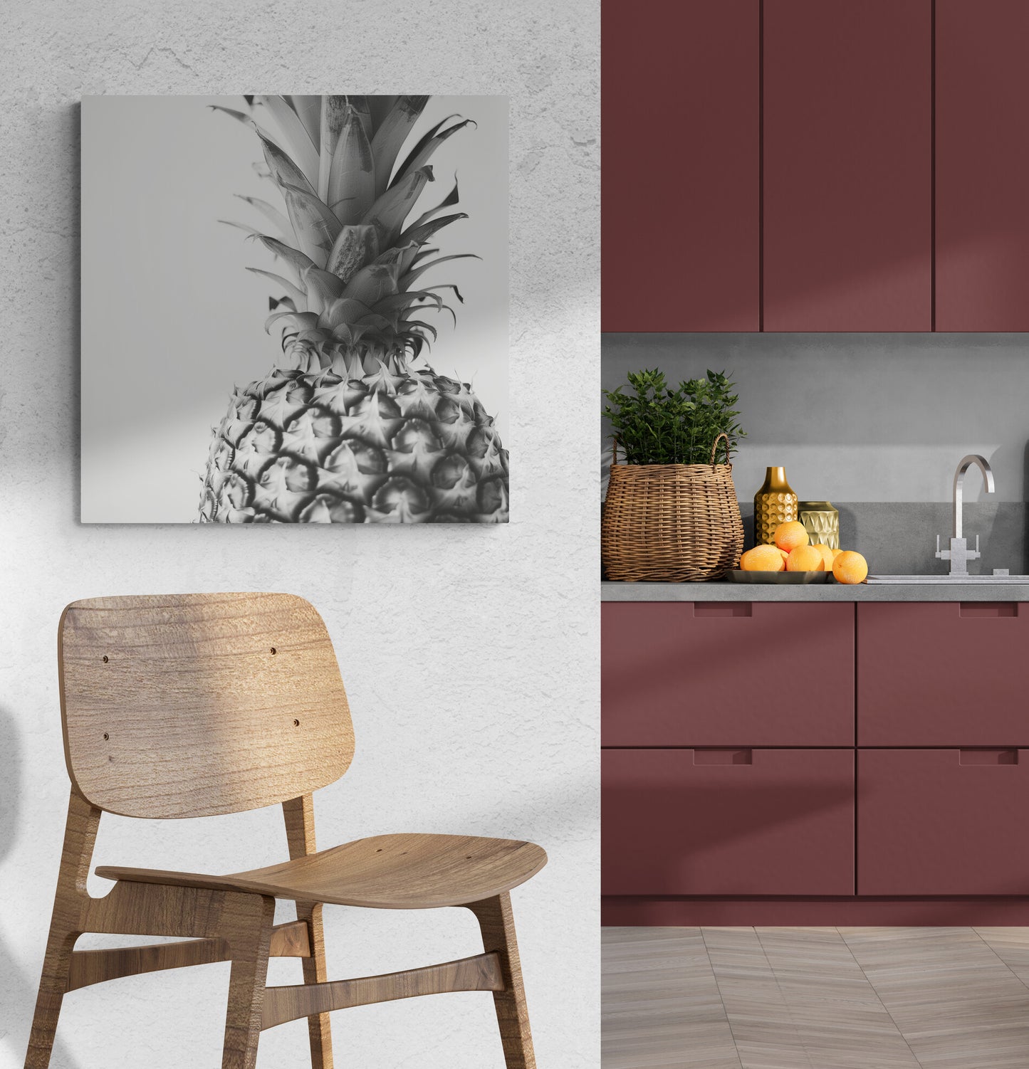 cuisine, mur blanc texturé, chaise haute en bois, meuble de cuisine bordeaux et gris, fruits.