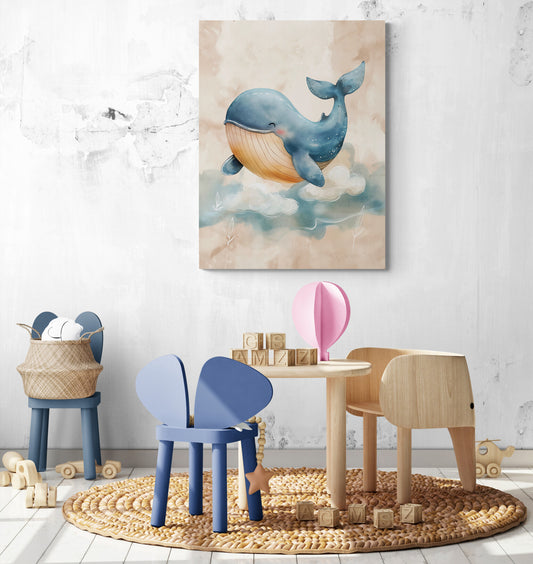 Un tableau d'une baleine bleue souriante nageant dans les nuages, placé dans une salle de jeu d'enfants avec des meubles en bois et des jouets éducatifs sur un tapis tressé.