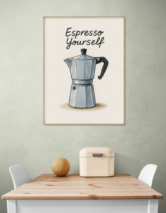 Affiche humoristique avec cafetière moka dans cuisine moderne claire