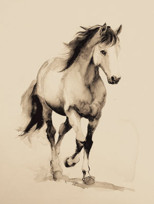 Aquarelle monochrome d'un cheval au galop, style artistique classique