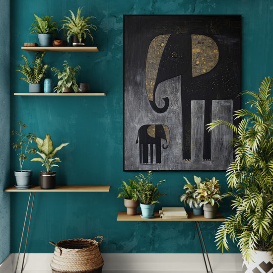 Cadre décoratif représentant deux éléphants noirs et or, accroché sur un mur vert avec des étagères végétalisées.