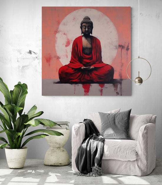 tableau Bouddha Zen apportant un peu de couleur dans un salon minimaliste