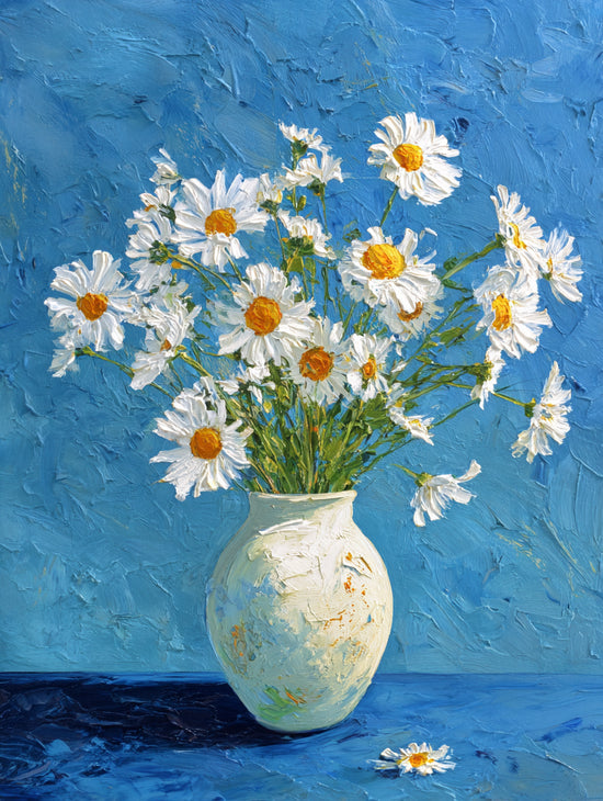 Bouquet de marguerites dans un vase, style impressionniste sur fond bleu apaisant