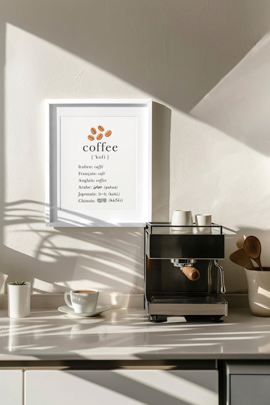 Affiche murale minimaliste sur le café en plusieurs langues, encadrée en blanc et accrochée dans une cuisine moderne avec machine à expresso.