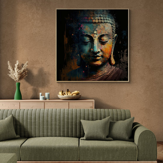 Ce tableau de Bouddha, installé au-dessus d’un buffet en bois clair, s’harmonise parfaitement avec un intérieur minimaliste et élégant. Son contraste entre couleurs intenses et fond sombre apporte une touche de spiritualité et d’apaisement.