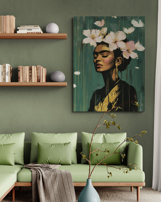 tableau toile de Frida Kahlo exposé dans un salon avec un mur vert, une étagère en bois remplie de livres et d'objets décoratifs, et un canapé vert pastel complétant une décoration murale élégante