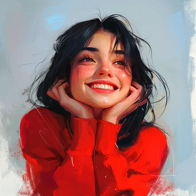 cliente satisfaite et souriante en peinture portant un pull rouge vif
