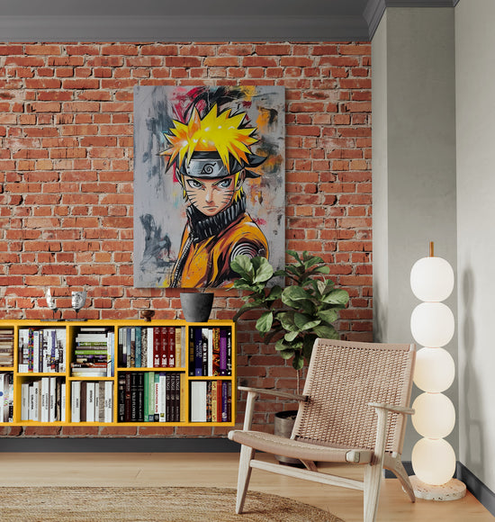 Un salon au design chaleureux avec un mur en briques rouges, une étagère murale jaune remplie de livres et une chaise en rotin. Un grand tableau animé de Naruto décore le mur, apportant une touche de couleur vive à la pièce.