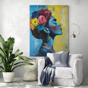 Un espace détente raffiné où un tableau saisissant de Frida Kahlo illumine l’ambiance. Le fauteuil blanc immaculé est accompagné d’un plaid bleu assorti aux tons du tableau. Une plante verte ajoute une touche naturelle à l’ensemble, offrant une décoration équilibrée entre modernité et inspiration artistique.