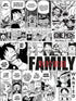 collage de pages de manga en noir et blanc, mettant en scène des personnages et dialogues de One Piece. Le style est typique du manga japonais, avec des cases dessinées en traits nets et ombrages en hachures. L'accent est mis sur les expressions des personnages, notamment Luffy, avec des bulles de dialogue et des effets sonores. Les mots "FAMILY" et des caractères japonais en rouge ajoutent un contraste visuel. 