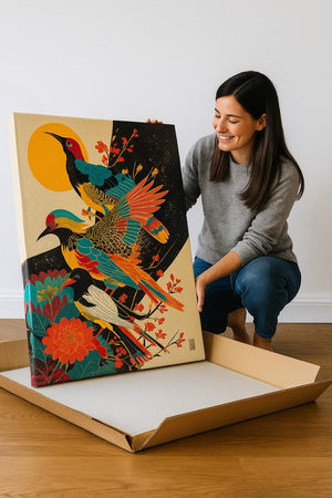 Une femme souriante découvre un tableau soigneusement emballé, représentant une scène colorée d’oiseaux exotiques et de fleurs éclatantes. L’œuvre, aux teintes vibrantes de rouge, bleu et jaune, est posée dans un carton de protection renforcé, garantissant une livraison sécurisée. L’image transmet à la fois la beauté artistique du tableau et l’assurance d’un emballage de qualité, idéal pour décorer un intérieur tout en rassurant sur la fiabilité de l’envoi.