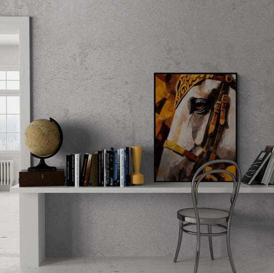 une étagère avec des livres, un globe et un tableau  tête de cheval posé contre un mur gris. L’ambiance est sobre et moderne.