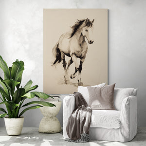 Tableau grand format représentant un cheval dessiné à l’encre de Chine, accroché dans un salon moderne au décor épuré, avec un fauteuil blanc, un plaid gris et une plante verte apportant une touche naturelle.