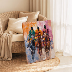 Tableau décoratif représentant deux chevaux enlacés, l’un noir et l’autre blanc, sur un fond doré texturé, accroché dans un salon moderne avec fauteuil blanc, coussins gris et plante verte.