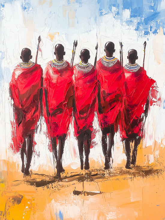 Cinq figures en robes rouges marchant sur une plaine, style impressionniste vibrant et ethnique
