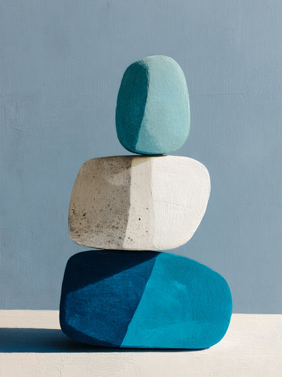 Empilement de galets abstraits bleus et beige sur fond texturé, style zen minimaliste