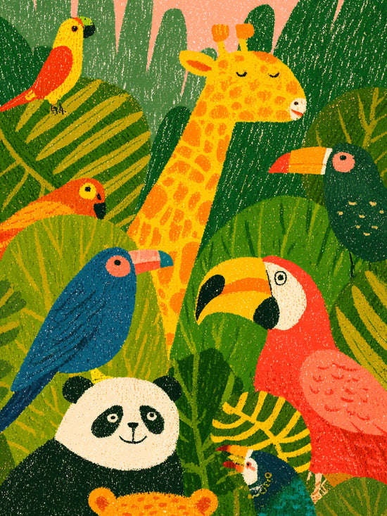 Illustration vibrante d'animaux exotiques dans une jungle colorée, style naïf, idéal pour une chambre d'enfant