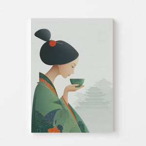 Illustration élégante d'une femme en kimono vert tenant une tasse, style asiatique minimaliste