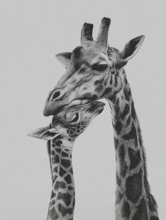 Illustration monochrome de girafes capturant la tendresse familiale, parfait pour un salon moderne