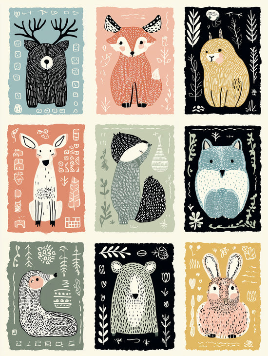 Neuf illustrations d'animaux stylisés sur fond coloré, ambiance douce et ludique pour une chambre d'enfant