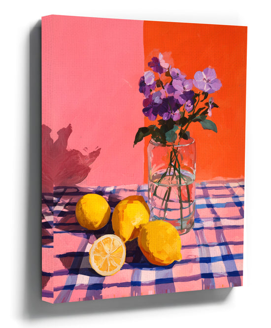 Tableau nature morte citrons et fleurs violettes pour cuisine