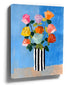 Bouquet de roses multicolores vase rayé tableau style naïf bleu