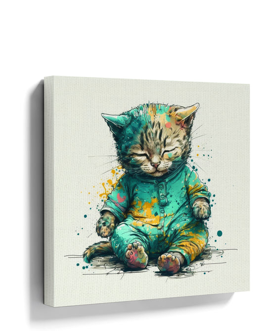 Chaton endormi grenouillère toile street art bleu jaune