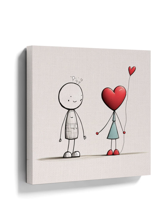 Garçon souriant et fille tête cœur, ballon rouge, tableau minimaliste