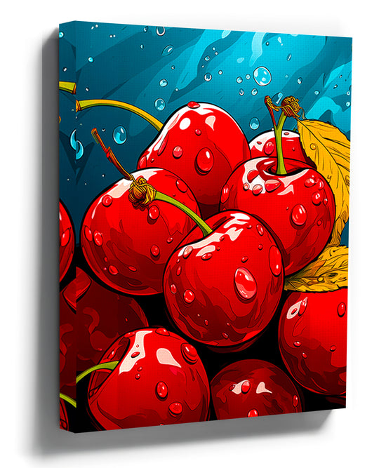tableau déco cuisine avec fruit rouge cerises gourmande dans une cuisine blanche