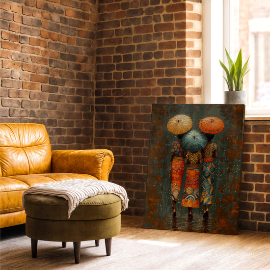 Tableau femmes africaines parapluies pluie multicolore pour salon industriel