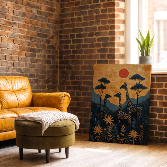 Girafes au coucher de soleil tableau pour salon industriel