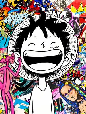 Mur de graffiti coloré avec personnage de bande dessinée souriant, style pop art dynamique