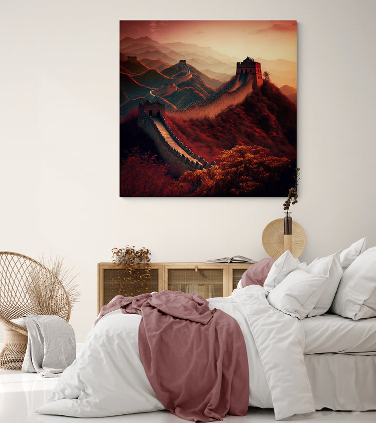  ambiance sereine dans une chambre adulte douce et naturelle, avec une toile photo Grande Muraille de chine