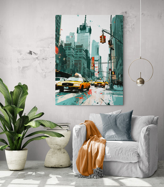 new york en peinture dans un salon épurée