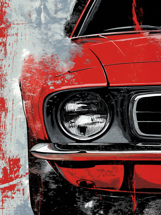 Cette image représente une voiture rouge vintage avec un effet artistique moderne, mêlant textures abstraites et un style grunge contrasté, mettant en valeur le phare avant.
