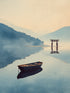 Paysage serein à l'aquarelle avec barque et torii, ambiance zen