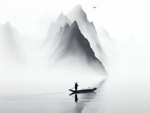 Peinture murale asiatique en noir et blanc avec montagnes brumeuses et pêcheur, ambiance zen