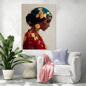 Portrait artistique aux tons rouges et dorés avec effet de feuilles dorées, ambiance élégante dans un salon moderne