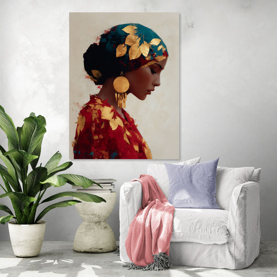 Portrait artistique aux tons rouges et dorés avec effet de feuilles dorées, ambiance élégante dans un salon moderne